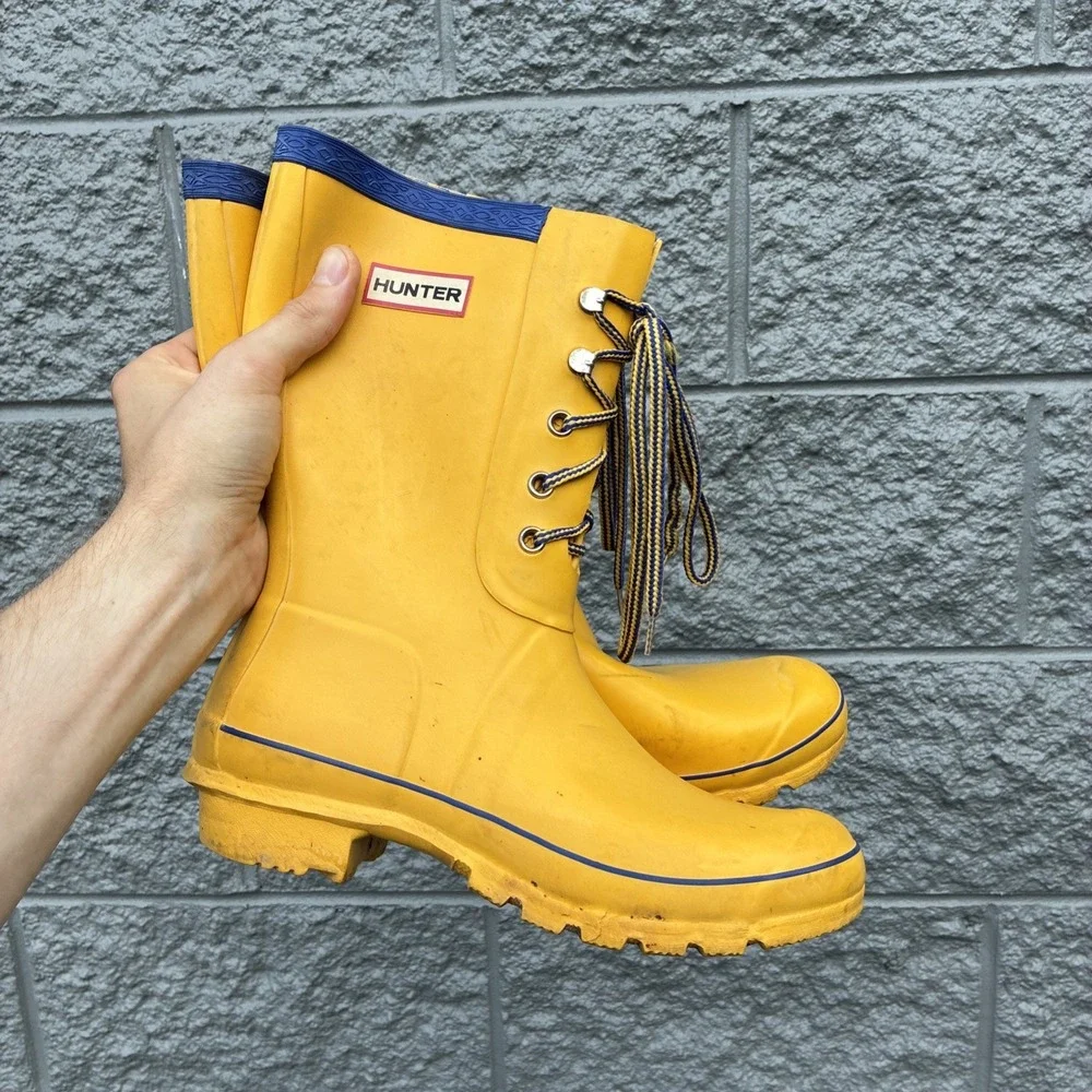 Hunter Festival Mid-Calf Lace Up Yellow w/ Blue Trim Women's US 9 Rain Boots
